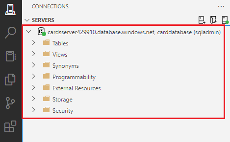 Screenshot of the database's contents in the Azure Data Studio connections pane.