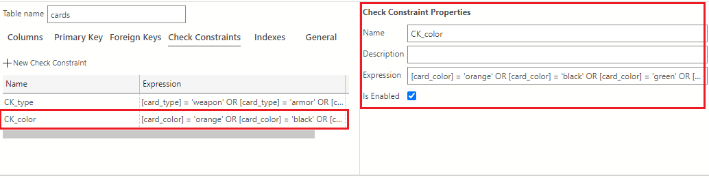 Screenshot of the check constraints view of the Table Designer in Azure Data Studio showing how to add new check constraints to a column.