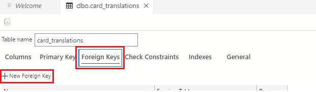 Screenshot showing how to select the Foreign Keys tab in the table designer for the cards_translations table, then select the + New Foreign Key button.