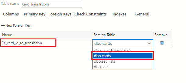 Screenshot showing how to enter FK_card_id_to_translation as the name and use the Foreign Table drop down to select dbo.cards.