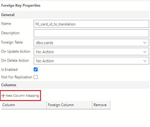 Screenshot showing how to select the + New Column Mapping button in the Foreign Key properties pane.