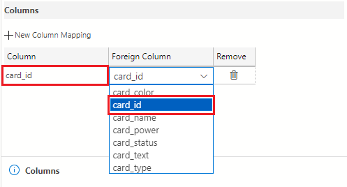 Screenshot showing how to select card_id using the drop down for both the column and foreign column fields.