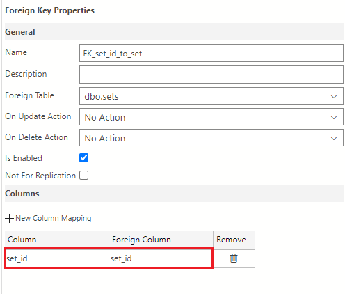 Screenshot showing how to select set_id using the drop down for both the Column and Foreign Column fields.