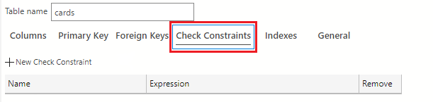 Screenshot showing how to select the Check Constraints tab.
