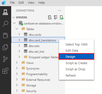Screenshot showing how to right click the card_translations table in the connections navigator and select Design.