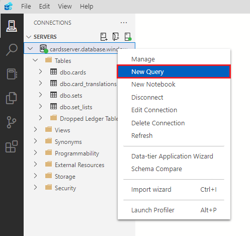 Screenshot showing how to select New Query for a query sheet.