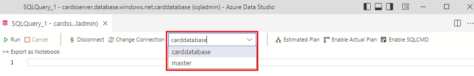 Screenshot showing how to ensure that you are connected to the carddatabase Azure SQL Database using the Database dropdown.