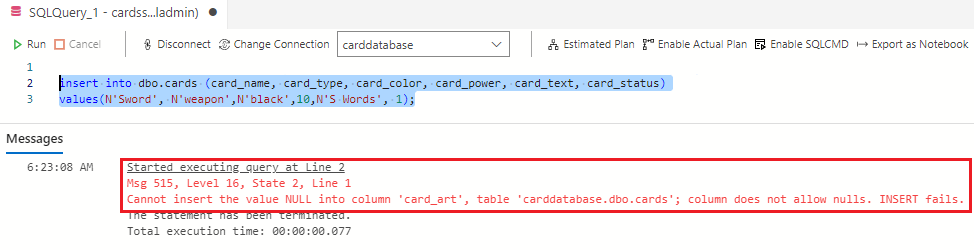 Screenshot showing how NULL values in the card_art column are not allowed.