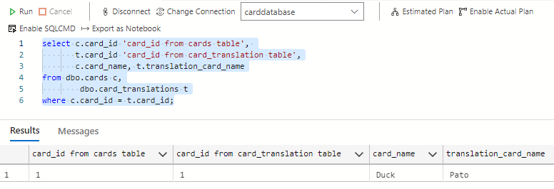 Screenshot showing query results from the joined cards and card_translations tables.