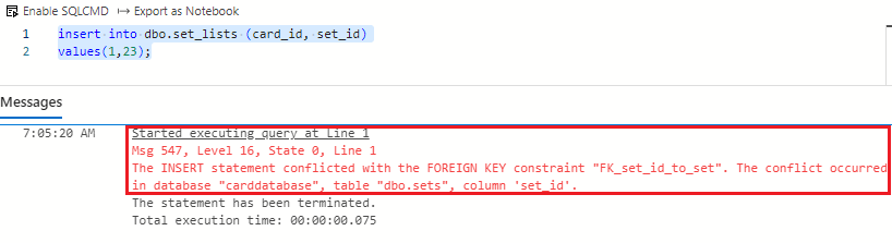 Screenshot showing how an insert into set_lists table was blocked by foreign key violations.