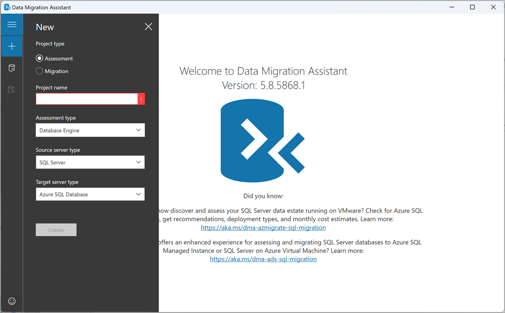 Screenshot of the Data Migration Assistant with the New assessment dialog opened.