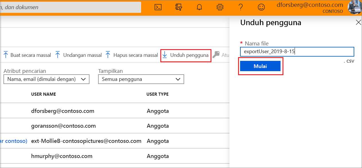 Portal Microsoft Azure memperlihatkan tombol untuk mengunduh file CSV pengguna.