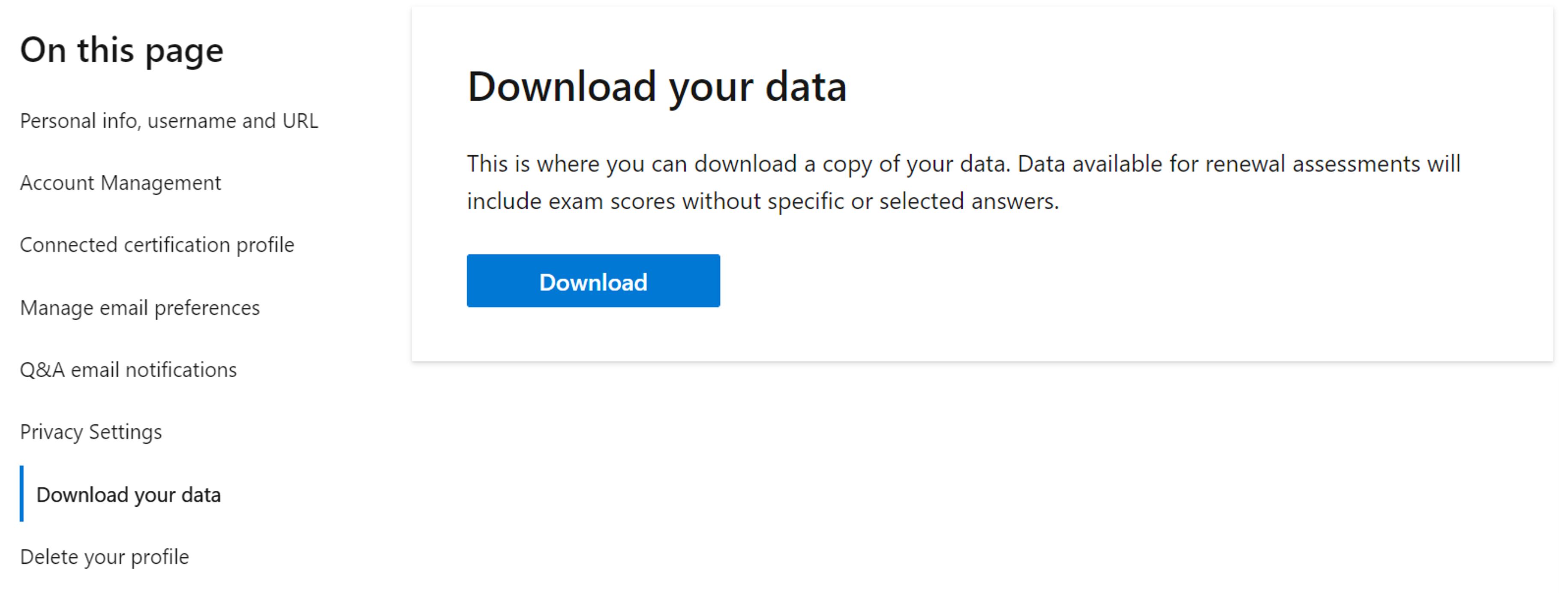 Cuplikan layar bagian Unduh data Anda di pengaturan profil Microsoft Learn.