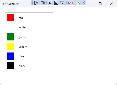 Screenshot that shows the Color List window, with six colors listed next to squares representing the color.