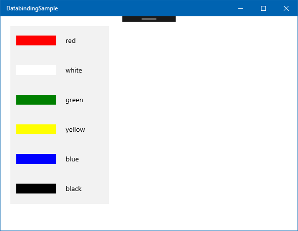 Screenshot that shows the Data binding Sample window, with a list of six colors next to rectangles representing the color.