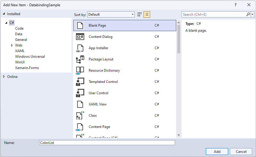 Screenshot that shows Blank Page selected under Visual C Sharp, in the Add New Item dialog box.