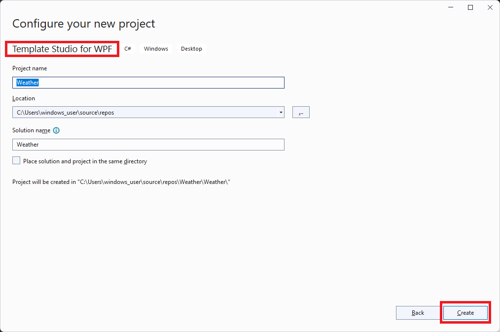 Screenshot that shows the Configure your new project window for a Template Studio app in Visual Studio.