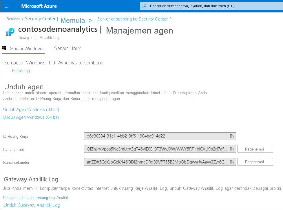 A screenshot of the Agents management blade in the Azure portal. Links are provided to download the Windows agents, and Workspace ID and keys are generated.