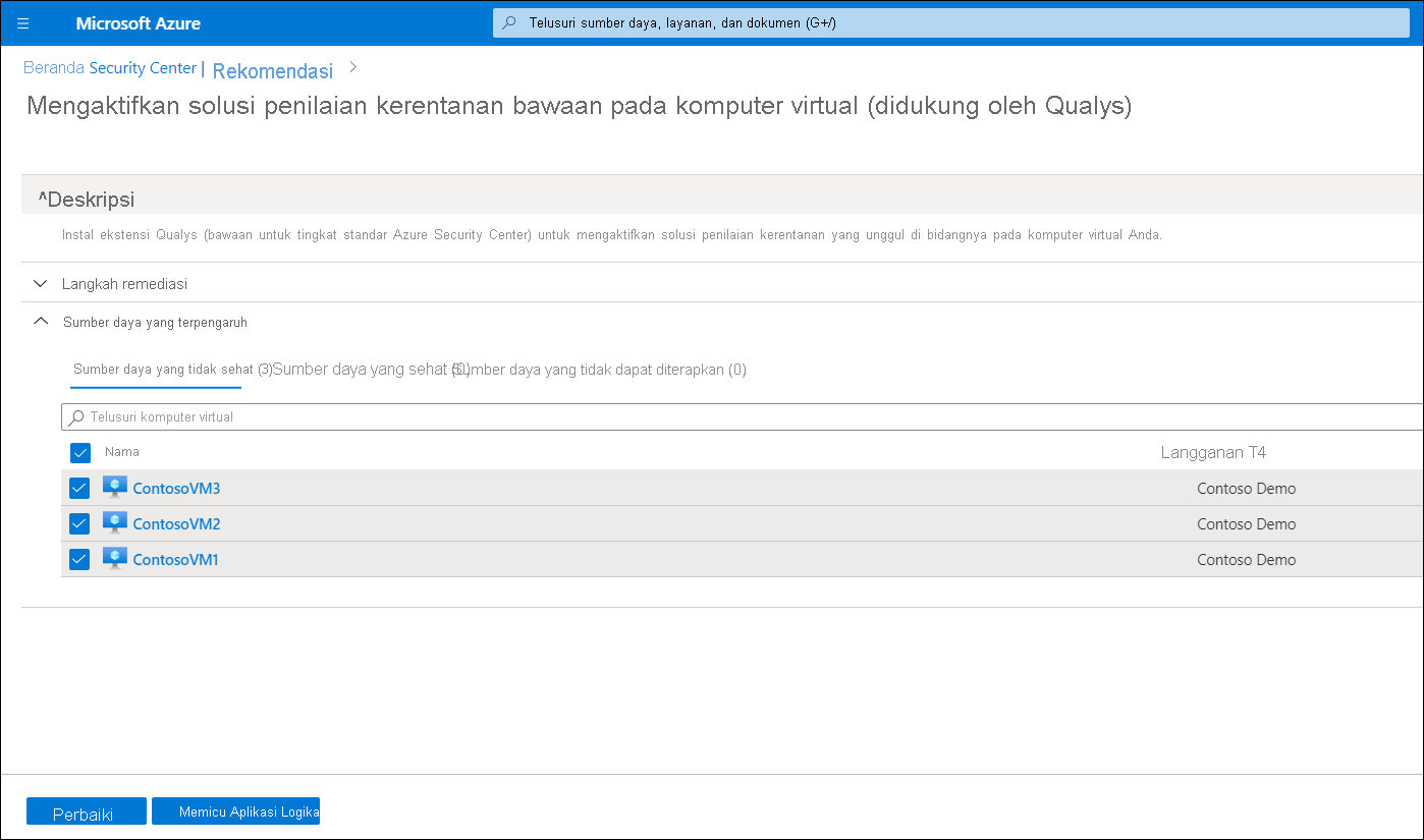 A screenshot of the Enable the built-in vulnerability assessment solution on virtual machines (powered by Qualys) blade. The administrator has selected all available VMs and is about to select Remediate.