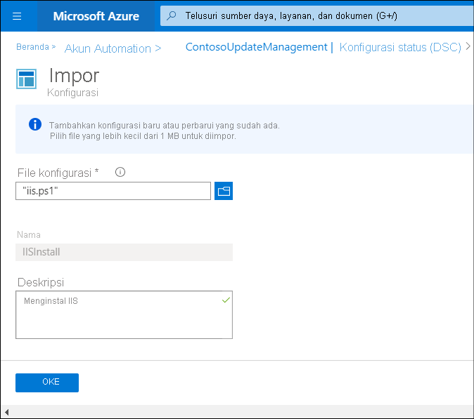 A screenshot of the Import blade in the Azure portal. The administrator has uploaded a script called iis.ps1.