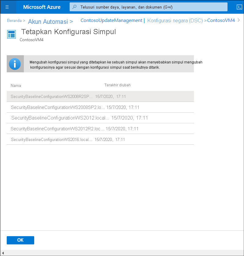 A screenshot of the Assign Node Configuration blade in the Azure portal. The administrator has selected one of the listed configurations.