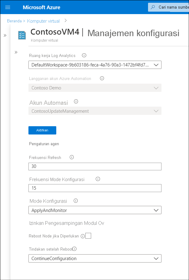 A screenshot of the Configuration management blade in the Azure portal. The administrator has selected the appropriate Log Analytics workspace and left all other values at default.