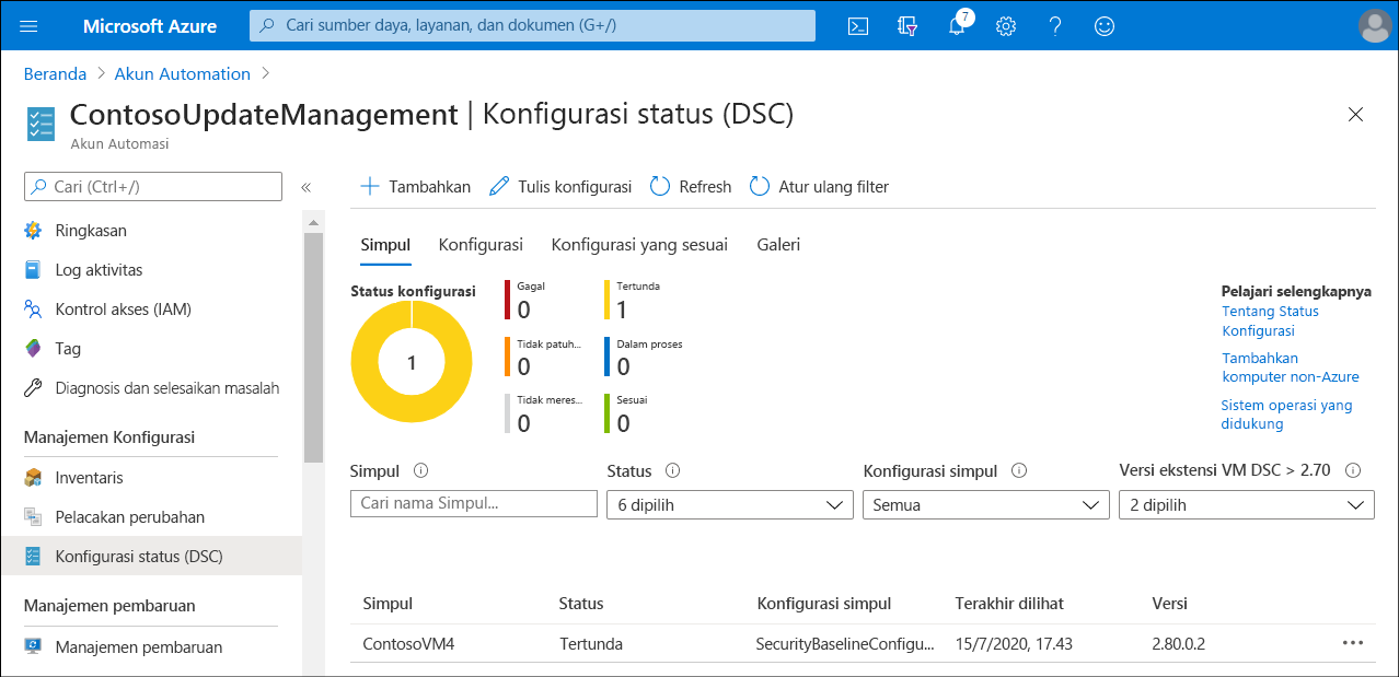 A screenshot of the State configuration (DSC) blade in the Azure portal. The administrator has onboarded a single VM: ContosoVM4. It's status displays as Pending.