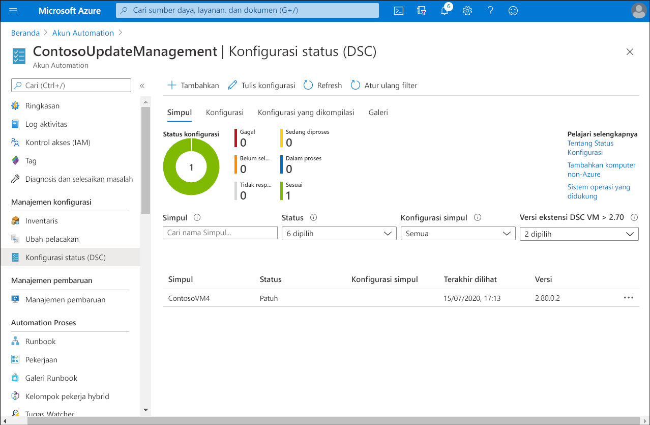 A screenshot of the State configuration (DSC) blade in the Azure portal. The administrator has onboarded a single VM: ContosoVM4.