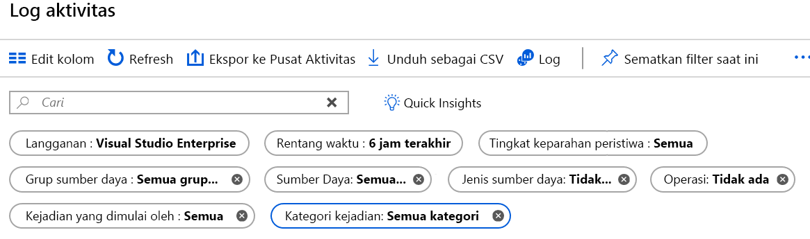 Cuplikan layar yang memperlihatkan opsi filter untuk log aktivitas di portal Azure.