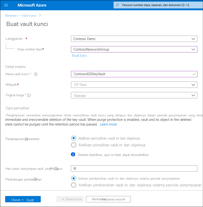 A screenshot of the Create key vault blade in Azure portal. The administrator has entered the details to match the text in the preceding Azure CLI command.