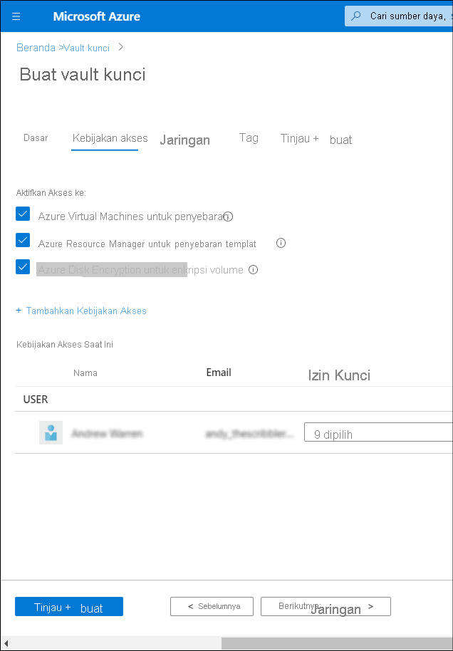 A screenshot of the Create key vault blade in Azure portal. On the Access policy tab, the administrator is configuring the Enable Access to settings and has selected all check boxes as described in the preceding text.