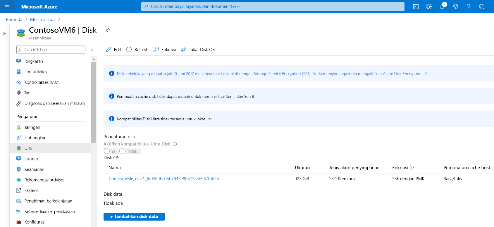 A screenshot of the Disks blade in the Azure portal for a VM named ContosoVM6.