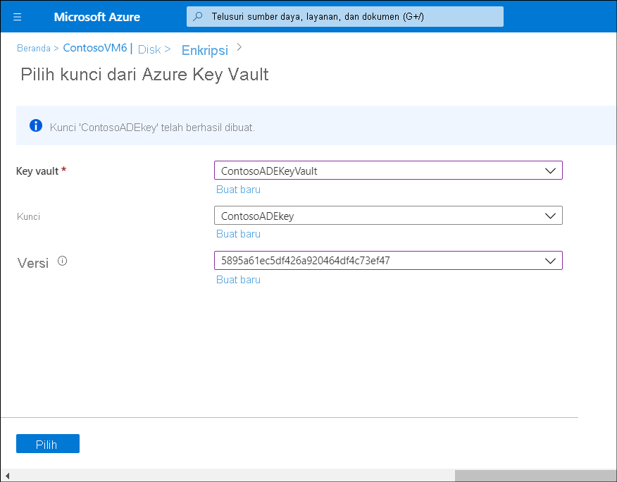 A screenshot of the Select key from Azure Key Vault blade. The administrator has selected a key vault, Key, and Version.