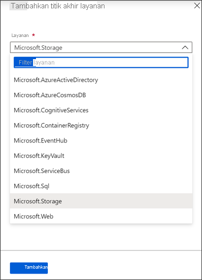 Screenshot of the Service endpoints page in the Azure portal.