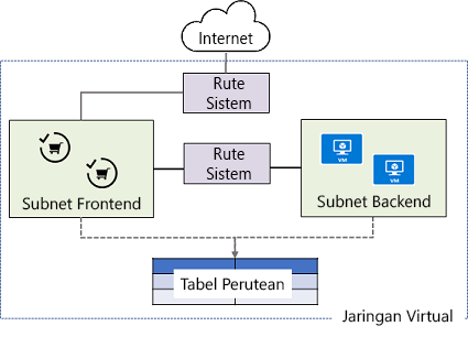 Diagram that shows two subnets that use system routes as described in the text.