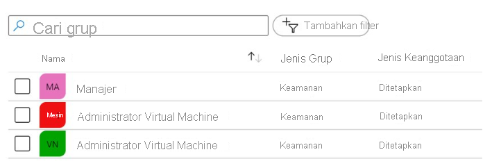 Screenshot that shows a list of groups in the Azure portal, and their group and membership types.