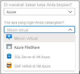 Cuplikan layar yang memperlihatkan opsi pencadangan untuk komputer virtual Azure ke vault Azure Recovery Services.