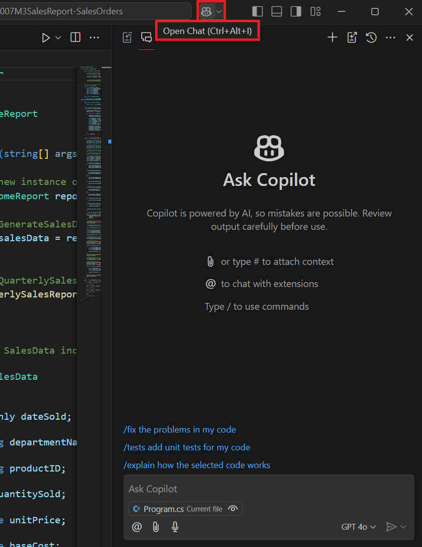 Cuplikan layar memperlihatkan pesan sambutan tampilan Obrolan di Visual Studio Code.