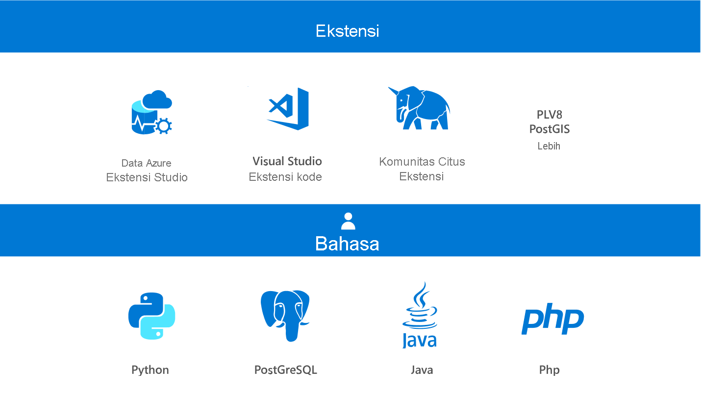 Cuplikan layar memperlihatkan ekstensi dan bahasa PostgreSQL.