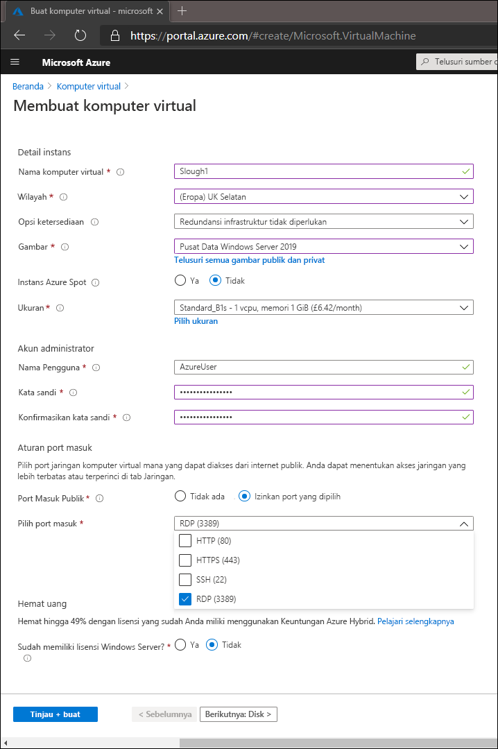 Screenshot of the Create a virtual machine wizard in the Azure portal. The administrator has enabled the RDP inbound port on the public interface. Other choices include HTTP, HTTPS, and SSH.