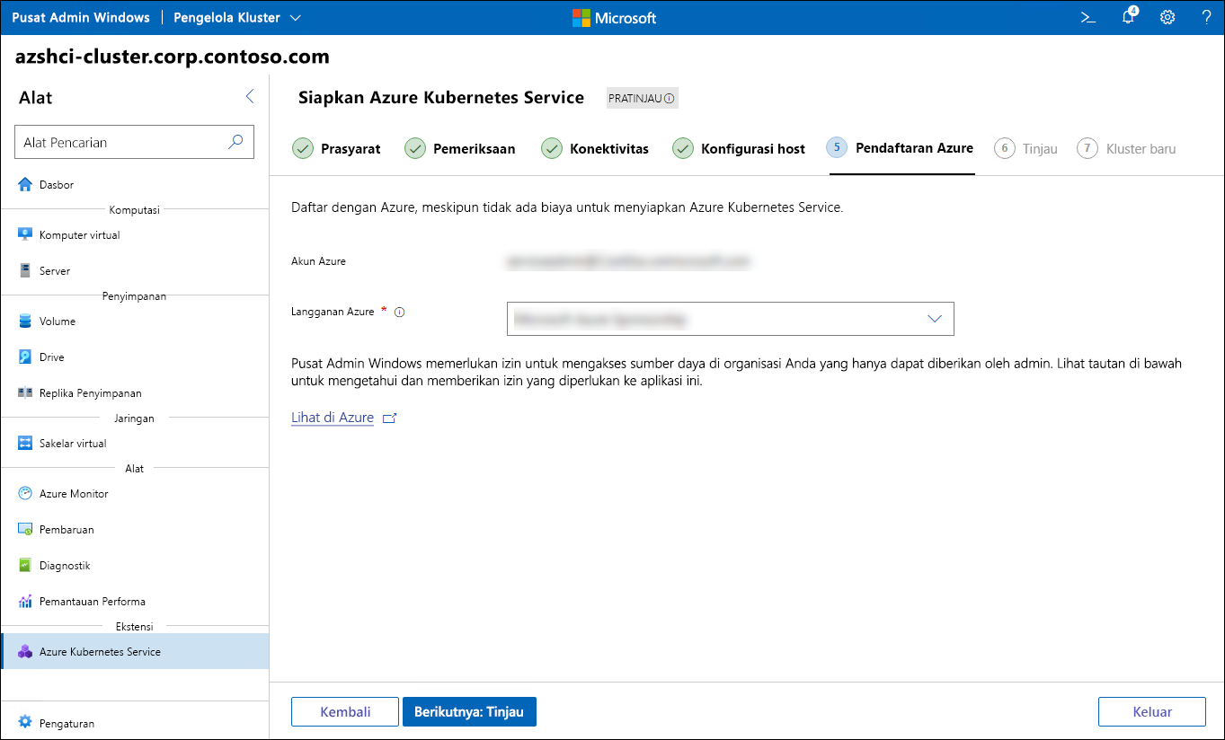 The screenshot depicts the Azure registration step of the Set up Azure Kubernetes Service wizard in Windows Admin Center.