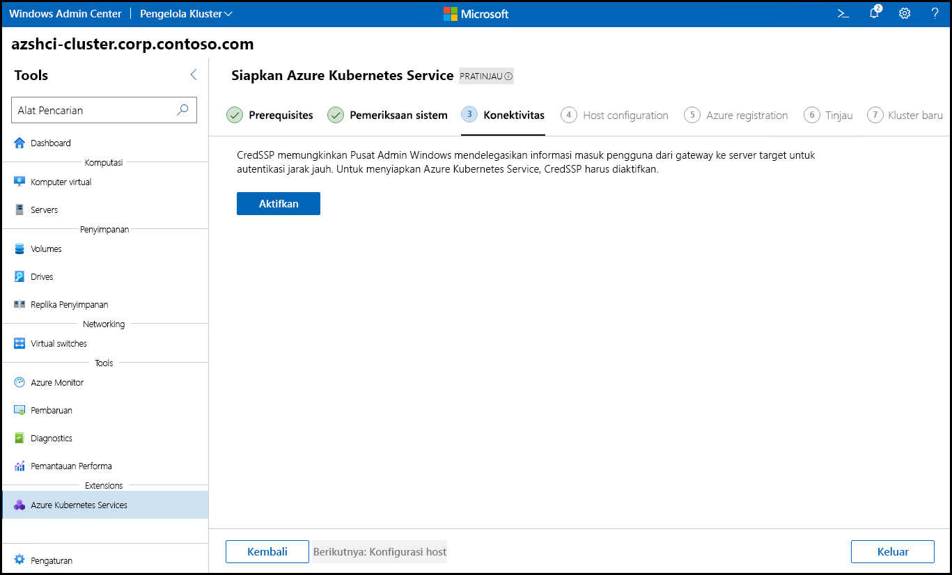 The screenshot depicts the Connectivity step of the Set up Azure Kubernetes Service wizard in Windows Admin Center.