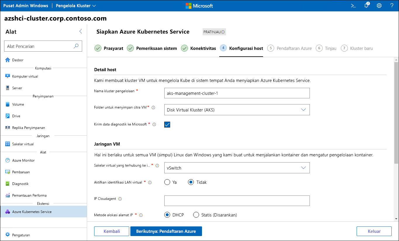 The screenshot depicts the Host configuration step of the Set up Azure Kubernetes Service wizard in Windows Admin Center.