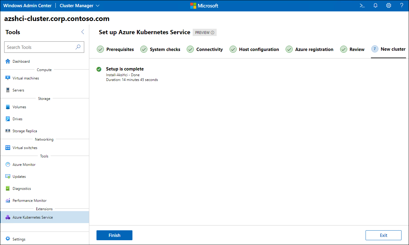 The screenshot depicts the New cluster step of the Set up Azure Kubernetes Service wizard in Windows Admin Center.
