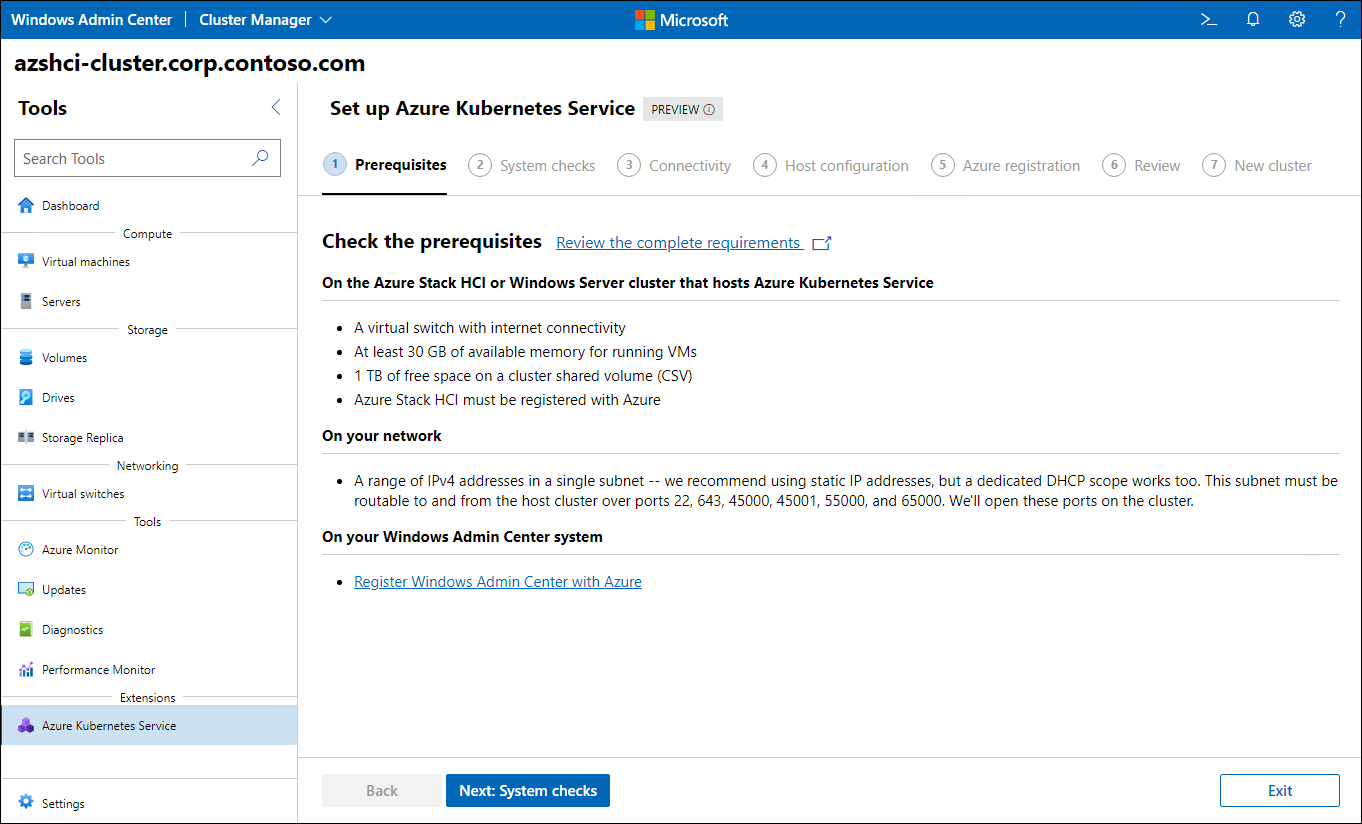 The screenshot depicts the Prerequisites step of the Set up Azure Kubernetes Service wizard in Windows Admin Center.