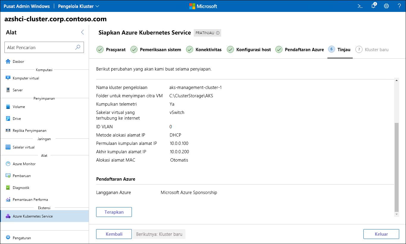 The screenshot depicts the Review step of the Set up Azure Kubernetes Service wizard in Windows Admin Center.