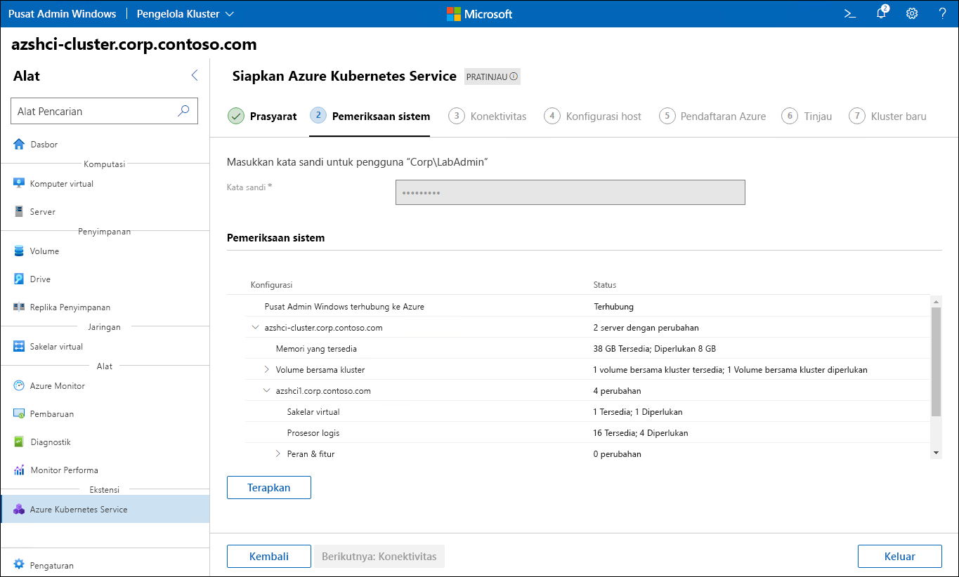 The screenshot depicts the System checks step of the Set up Azure Kubernetes Service wizard in Windows Admin Center.