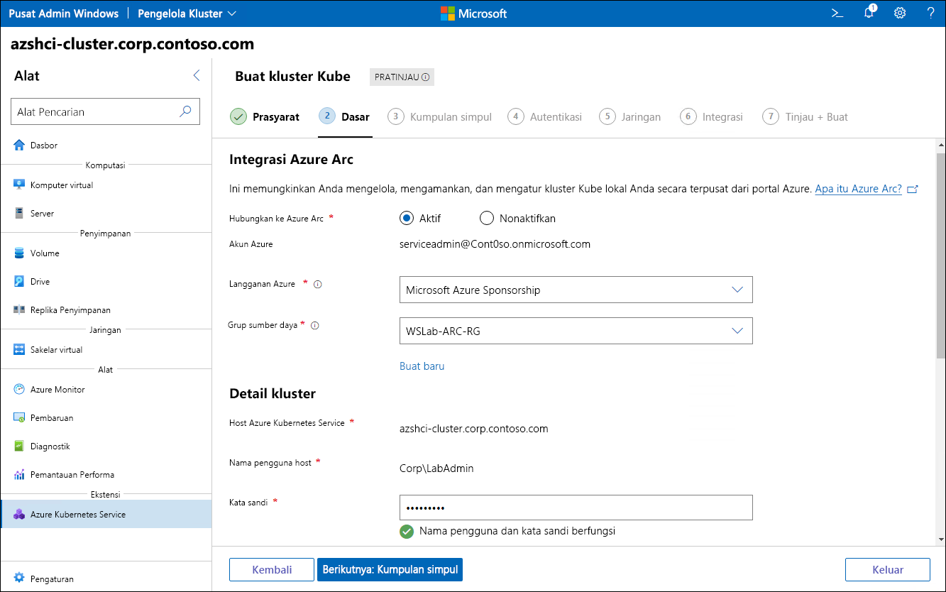 The screenshot depicts the Azure Arc integration settings of the Basics step of the Create Kubernetes cluster wizard in Windows Admin Center.