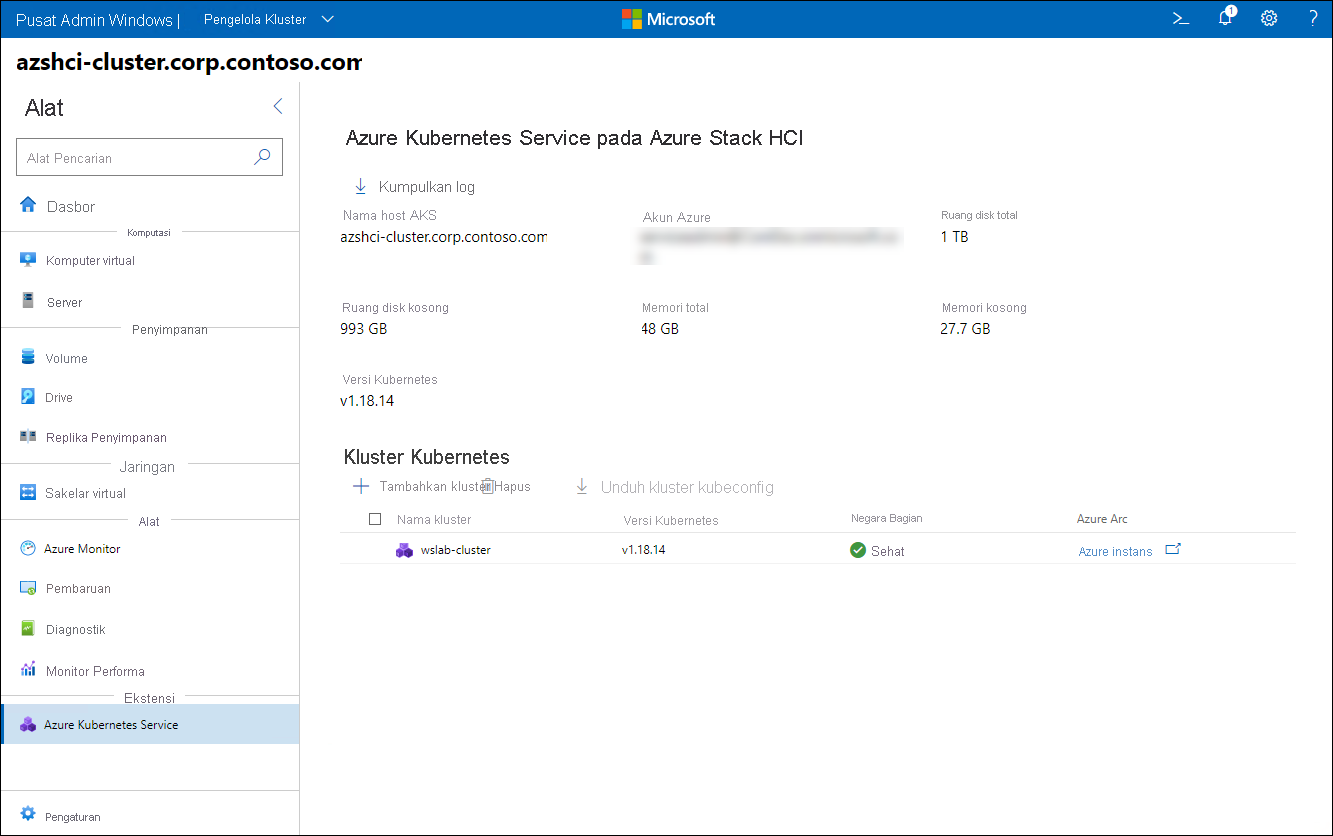 The screenshot depicts the New cluster step of the Create Kubernetes cluster wizard in Windows Admin Center.