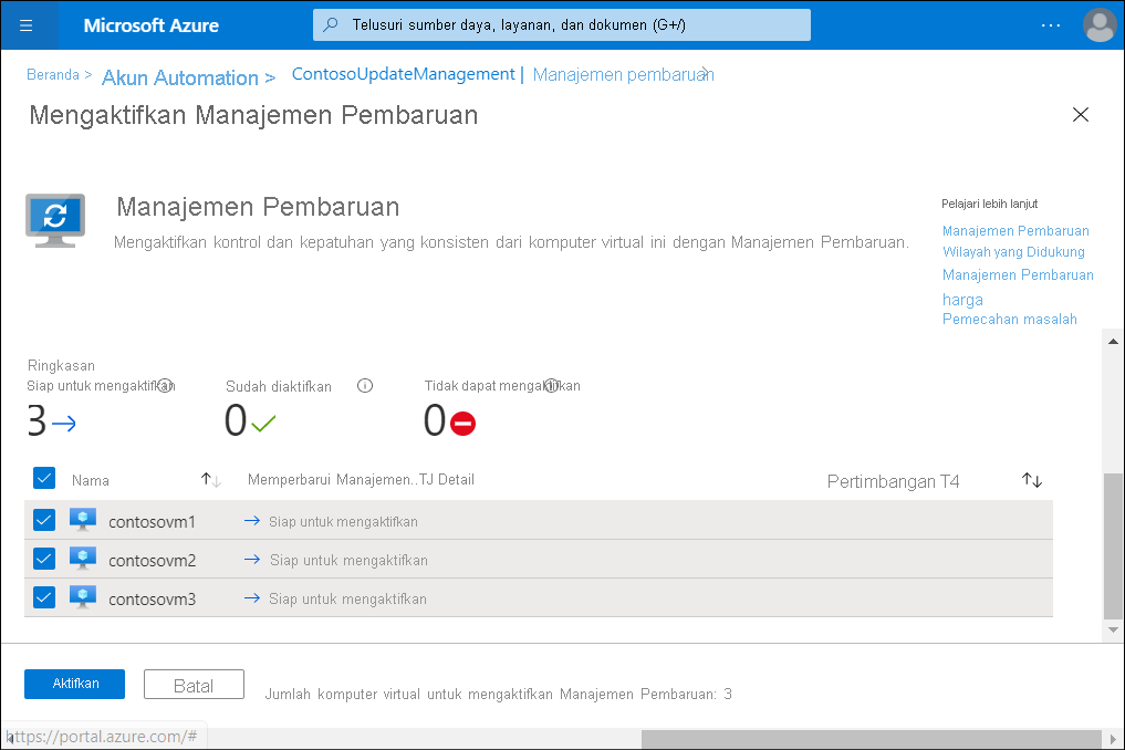 A screenshot displays the Enable Update Management blade of the Azure portal. The administrator has selected three VMs for onboarding.